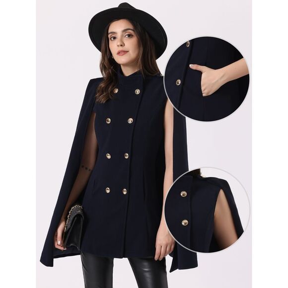 Cape Coats Winter Slit Sleeve Double Breasted Cloak Coat Dark Blue - Picture 2 of 6